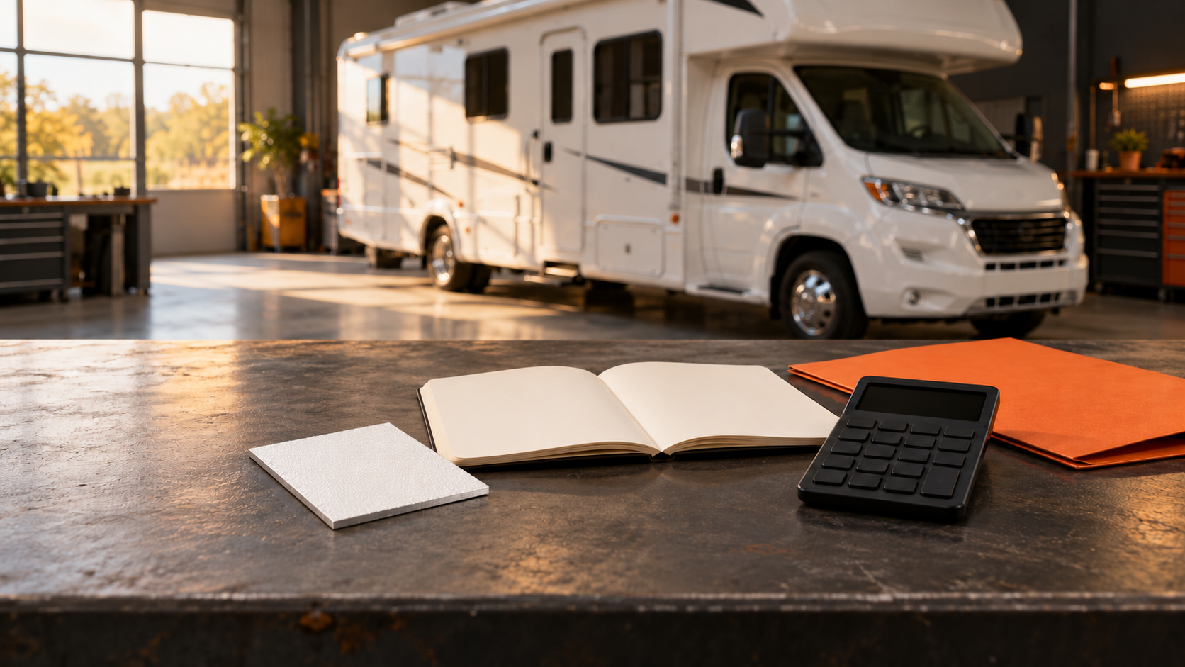 A white roofing material sample beside a blank notebook and calculator in an RV workshop.